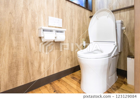 A toilet with a sophisticated design and a heated toilet seat 123129084