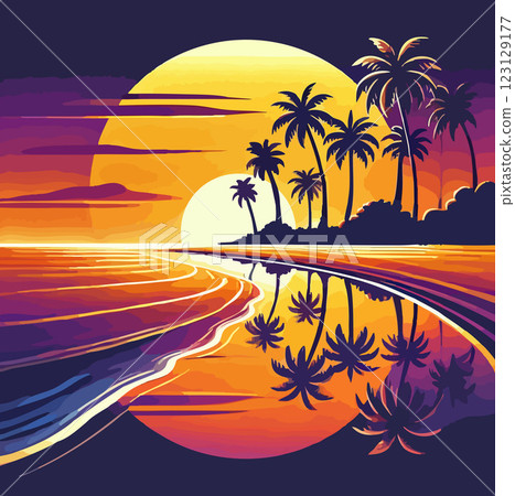 tropical beach sunset with palm trees illustration - Stock Illustration ...