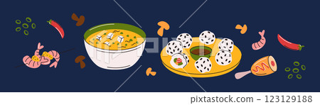 Spicy miso soup and sesame rice balls Spicy miso soup and sesame rice balls 123129188