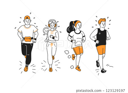 Women and men in sportswear enjoy jogging color linear icons 123129197