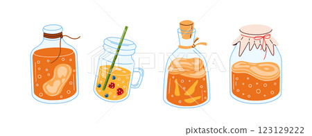 Different types of kombucha brewing jars and bottles 123129222