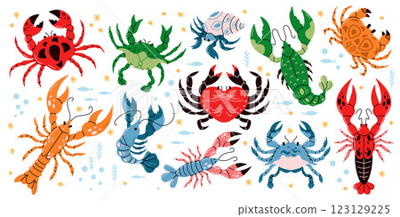 Lobsters and crabs underwater flat color vector icon set Lobsters and crabs underwater flat color vector icon set 123129225