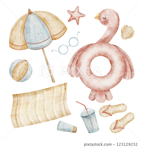 Watercolor beach accessories for seaside vacation, set flamingo items circle, umbrella, ball, shells. Hand drawn illustrations isolated white design cards posters tableware clothes holiday invitations 123129232