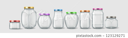 Set of glass jars with colorful metal lids Set of glass jars with colorful metal lids 123129271