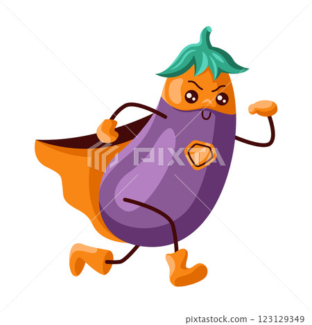 Powerful eggplant superhero with orange cape 123129349
