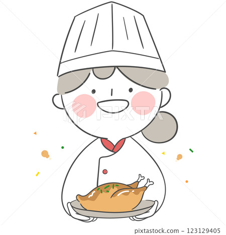 An illustration of a chef character presenting a chicken dish An illustration of a chef character presenting a chicken dish 123129405