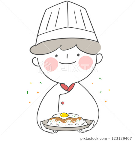 An illustration of a chef character serving fried rice An illustration of a chef character serving fried rice 123129407