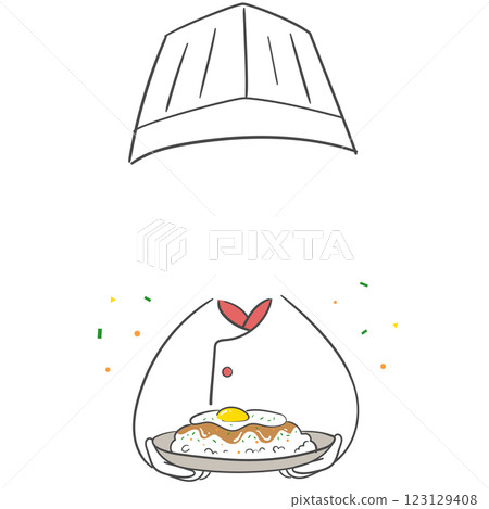 An illustration of a chef character serving fried rice with a face cutout An illustration of a chef character serving fried rice with a face cutout 123129408