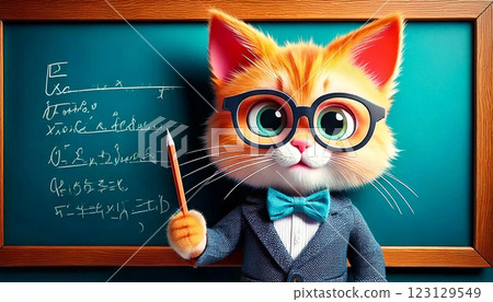 A cat wearing glasses standing in front of a blackboard A cat wearing glasses standing in front of a blackboard 123129549
