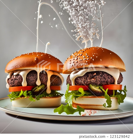 An impressive double-decker burger stacked with fresh lettuce, onions, cheese, and dripping sauce, with ingredients flying dramatically in the background, creating an exciting food explosion. 123129842