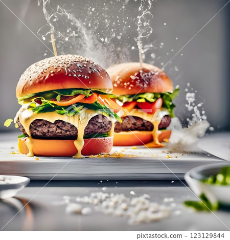 An impressive double-decker burger stacked with fresh lettuce, onions, cheese, and dripping sauce, with ingredients flying dramatically in the background, creating an exciting food explosion. 123129844