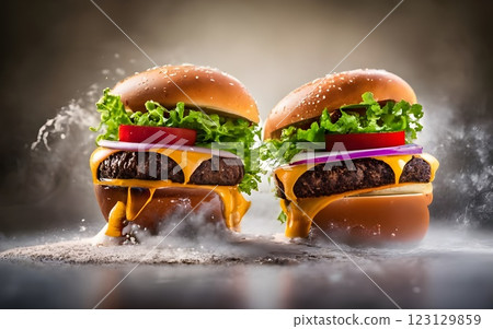 An impressive double-decker burger stacked with fresh lettuce, onions, cheese, and dripping sauce, with ingredients flying dramatically in the background, creating an exciting food explosion. 123129859