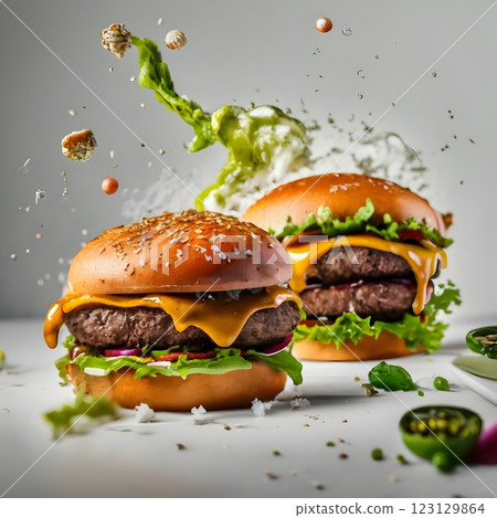 An impressive double-decker burger stacked with fresh lettuce, onions, cheese, and dripping sauce, with ingredients flying dramatically in the background, creating an exciting food explosion. 123129864