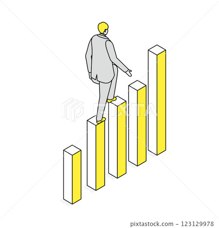 一位男性商人攀爬條形圖的等距插圖 一位男性商人攀爬條形圖的等距插圖 123129978