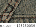 Thin denim fabric, fabric seam, dark denim background, dark navy fabric, vintage indigo style, copy space 123130039