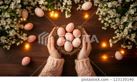 Spring religious holiday. The attributes of Easter are painted eggs. AI-generated item. Spring religious holiday. The attributes of Easter are painted eggs. AI-generated item. 123130140