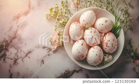 Spring religious holiday. The attributes of Easter are painted eggs. AI-generated item. 123130169