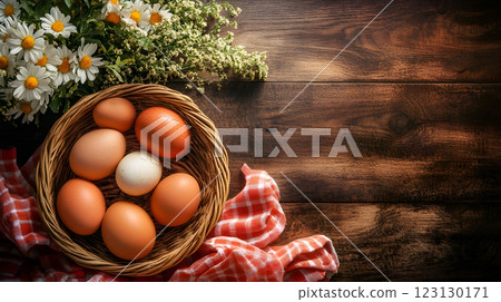 Spring religious holiday. The attributes of Easter are painted eggs. AI-generated item. Spring religious holiday. The attributes of Easter are painted eggs. AI-generated item. 123130171