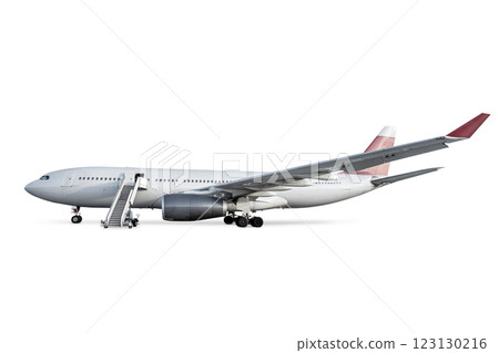 Wide body passenger aircraft with airstrip isolated on white background 123130216
