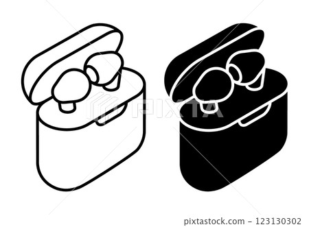 Linear icon, wireless headphones in protective charging case with flip cover. Portable device for listening to music. Simple black and white top view vector isolated on white background Linear icon, wireless headphones in protective charging case with flip cover. Portable device for listening to music. Simple black and white top view vector isolated on white background 123130302