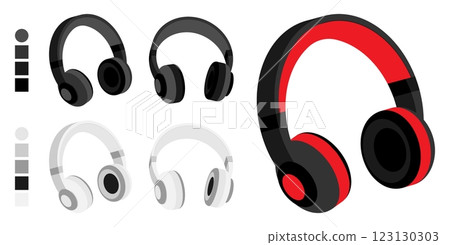 Isometric wireless over ear headphones with comfortable ear pads and soft headband. Portable gadget for playing music. Easy editable color. 3D vector isolated on white background Isometric wireless over ear headphones with comfortable ear pads and soft headband. Portable gadget for playing music. Easy editable color. 3D vector isolated on white background 123130303