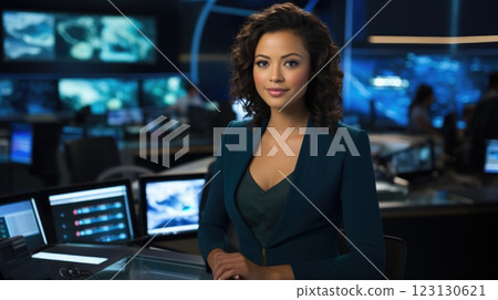 Newsroom studio: anchor reporting, live news, green screen, presenter talks, current events, business update, economy report, science broadcast, politics coverage, professional television concept. 123130621
