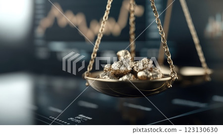 Golden balance: weighing precious metal, prosperity financial stability, economic wealth, investment worth, monetary significance, resource value, wealth representation, golden prosperity. 123130630