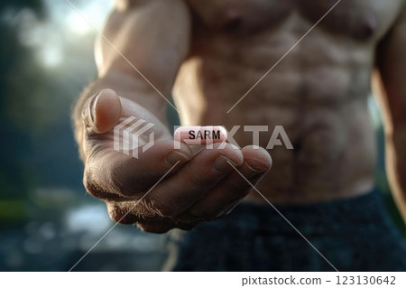 Bodybuilder athlete: SARM pill, muscular physique, fitness dedication, performance boost, disciplined training, supplement regimen, enhanced strength, focused expression, athletic grip, sculpted form. 123130642
