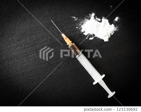 Heroin Narcatic Crime Needle in Syringe, Addition Medical Treatment Pharmaceutical Depression Drug Addiction, Powder Pill Substance Death, Concept Overdose Dose Danger Addict Problem Criminal. Heroin Narcatic Crime Needle in Syringe, Addition Medical Treatment Pharmaceutical Depression Drug Addiction, Powder Pill Substance Death, Concept Overdose Dose Danger Addict Problem Criminal. 123130692