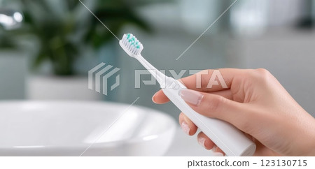 Beautiful woman toothbrush in hand, bathroom setting, electric device, smiling face, personal hygiene, dental care, grooming focus, clean lifestyle, oral health, wellness routine, radiant expression. Beautiful woman toothbrush in hand, bathroom setting, electric device, smiling face, personal hygiene, dental care, grooming focus, clean lifestyle, oral health, wellness routine, radiant expression. 123130715