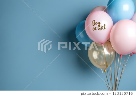 Gender party, pink and blue decorations, a lively celebration filled with happiness and the anticipation of discovering whether a boy or girl, bringing loved ones together in excitement. Gender party, pink and blue decorations, a lively celebration filled with happiness and the anticipation of discovering whether a boy or girl, bringing loved ones together in excitement. 123130716