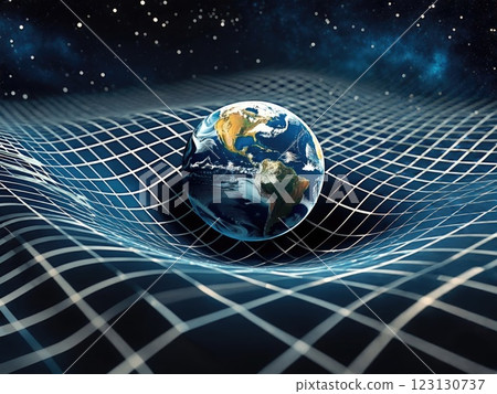 Earth in curved space-time: gravity grid surrounding planet, cosmic particles, glowing lines, mass effect, detailed atmosphere, realistic surface, stellar environment, universal curvature. Earth in curved space-time: gravity grid surrounding planet, cosmic particles, glowing lines, mass effect, detailed atmosphere, realistic surface, stellar environment, universal curvature. 123130737