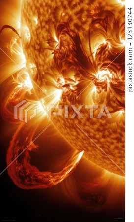 Stellar storm: solar flare triggering electromagnetic chaos, sun's surface turbulence, radiation burst, heliosphere impact, magnetic anomalies, plasma ejection, space weather disturbance. 123130744
