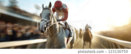 Jockeys on track: thrilling race, powerful horses, competitive spirit, dynamic motion, trackside energy, galloping rhythm, athletic performance, vibrant pace, captivating sporting atmosphere. 123130750