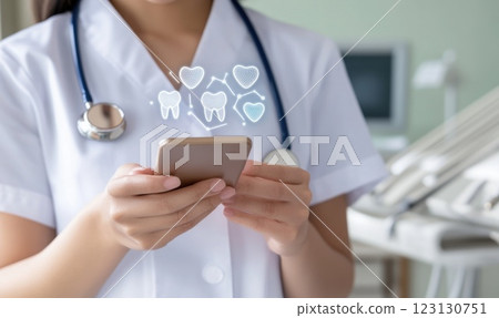 Modern dentistry: tooth doctor employing advanced technology for online consultations, appointment scheduling, role of digital aids in dental procedures, improving diagnostics, treatment efficiency. Modern dentistry: tooth doctor employing advanced technology for online consultations, appointment scheduling, role of digital aids in dental procedures, improving diagnostics, treatment efficiency. 123130751