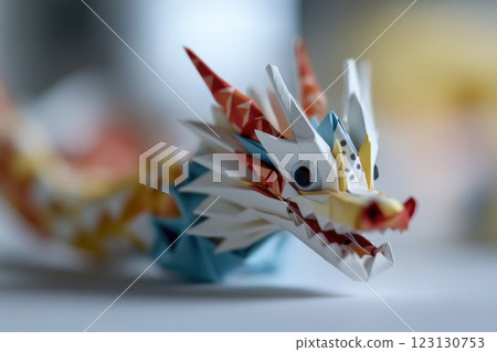 A detailed paper dragon made with colorful origami techniques is displayed on a table during a creative workshop. The vibrant design captures attention in a well-lit indoor space 123130753