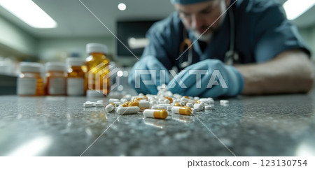 A healthcare worker in scrubs carefully sorts various capsules and tablets on a counter. Prescription bottles are visible in the background, indicating a bustling pharmacy environment 123130754
