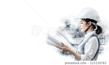 A female engineer is focused on reviewing construction plans while wearing a safety helmet. She stands in a contemporary office space with architectural designs in the background A female engineer is focused on reviewing construction plans while wearing a safety helmet. She stands in a contemporary office space with architectural designs in the background 123130763