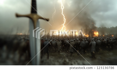 Brave knight era in armor: sword combat, shield defense, chivalric courage, medieval warriors, heroic battles, noble knights, battlefield strategy, armored protection, legendary feats, weapon mastery. 123130786