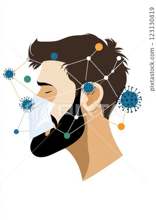 Cold symptoms display: sick individual, tissue use, virus prevention, protective mask, sneezing action, illness indication, respiratory care, germ spread, personal hygiene focus, seasonal ailment. Cold symptoms display: sick individual, tissue use, virus prevention, protective mask, sneezing action, illness indication, respiratory care, germ spread, personal hygiene focus, seasonal ailment. 123130819