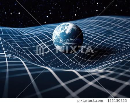 Earth in curved space-time: gravity grid surrounding planet, cosmic particles, glowing lines, mass effect, detailed atmosphere, realistic surface, stellar environment, universal curvature. Earth in curved space-time: gravity grid surrounding planet, cosmic particles, glowing lines, mass effect, detailed atmosphere, realistic surface, stellar environment, universal curvature. 123130833