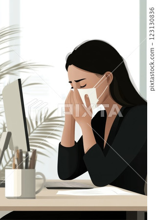 Sick girl: working through illness, office dedication, persistence at work, overcoming sickness, office environment, determination despite discomfort, professional focus, workplace commitment. Sick girl: working through illness, office dedication, persistence at work, overcoming sickness, office environment, determination despite discomfort, professional focus, workplace commitment. 123130836