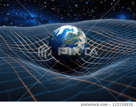 Gravity well visualization: planet's central role, curved space illustration, grid lines glowing, mass impact, cosmic particles, stellar details, atmospheric realism, planetary surface. Gravity well visualization: planet's central role, curved space illustration, grid lines glowing, mass impact, cosmic particles, stellar details, atmospheric realism, planetary surface. 123130838