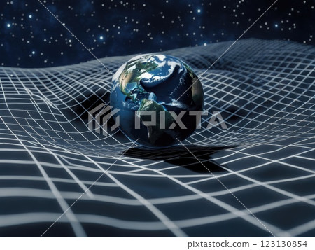Gravity well visualization: planet's central role, curved space illustration, grid lines glowing, mass impact, cosmic particles, stellar details, atmospheric realism, planetary surface. 123130854