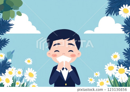 Allergy to plants concept: seasonal bloom, floral trigger, respiratory irritation, red eye, nasal sneeze, environmental factor, pollen spread, immune defense, sensitive symptom, spring condition. Allergy to plants concept: seasonal bloom, floral trigger, respiratory irritation, red eye, nasal sneeze, environmental factor, pollen spread, immune defense, sensitive symptom, spring condition. 123130856