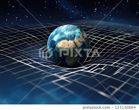 Earth in curved space-time: gravity grid surrounding planet, cosmic particles, glowing lines, mass effect, detailed atmosphere, realistic surface, stellar environment, universal curvature. 123130864