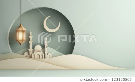 Festival of breaking fast: Eid al-Fitr commemorates Ramadan end, celebrated worldwide by Muslims with joy, prayer, charity, community, lunar calendar customs, spiritual renewal, and devotion. 123130865