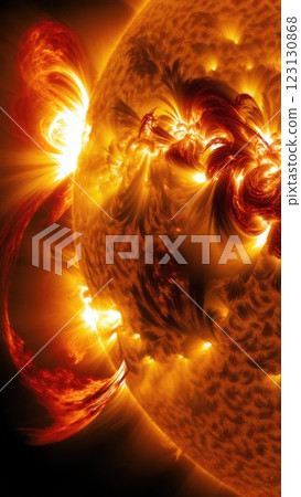 Solar eruption: intense flare unleashing energy from the sun, electromagnetic turbulence, solar wind disruption, magnetic field interactions, plasma release, cosmic activity, astronomical phenomenon. 123130868