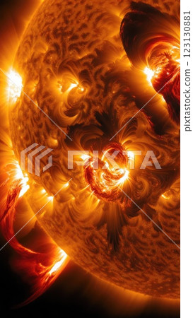 Stellar storm: solar flare triggering electromagnetic chaos, sun's surface turbulence, radiation burst, heliosphere impact, magnetic anomalies, plasma ejection, space weather disturbance. Stellar storm: solar flare triggering electromagnetic chaos, sun's surface turbulence, radiation burst, heliosphere impact, magnetic anomalies, plasma ejection, space weather disturbance. 123130881