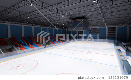 Ice hockey rink with empty seats scoreboard bright lights modern indoor arena ready for game clean ice surface blue red seats Ice hockey rink with empty seats scoreboard bright lights modern indoor arena ready for game clean ice surface blue red seats 123131079
